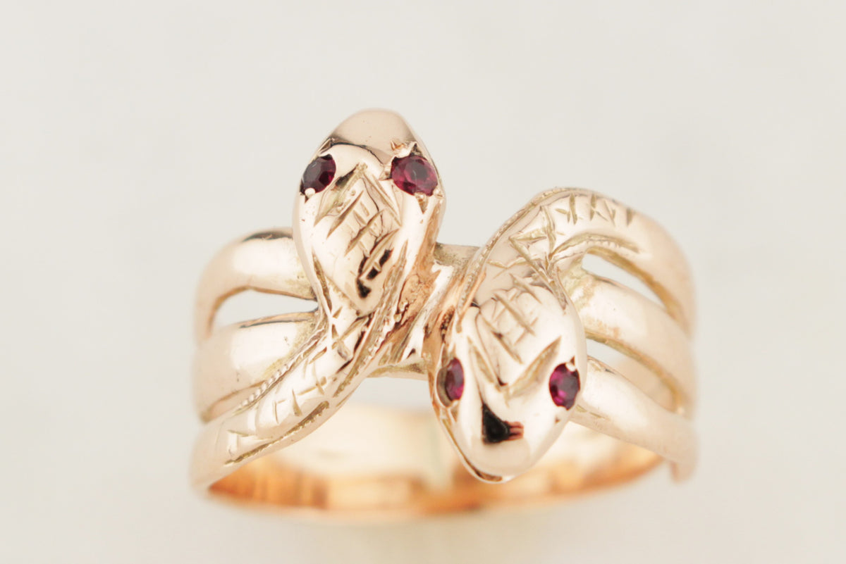 ANTIQUE EDWARDIAN c1910 DOUBLE RUBY SNAKE RING 9ct ROSE GOLD