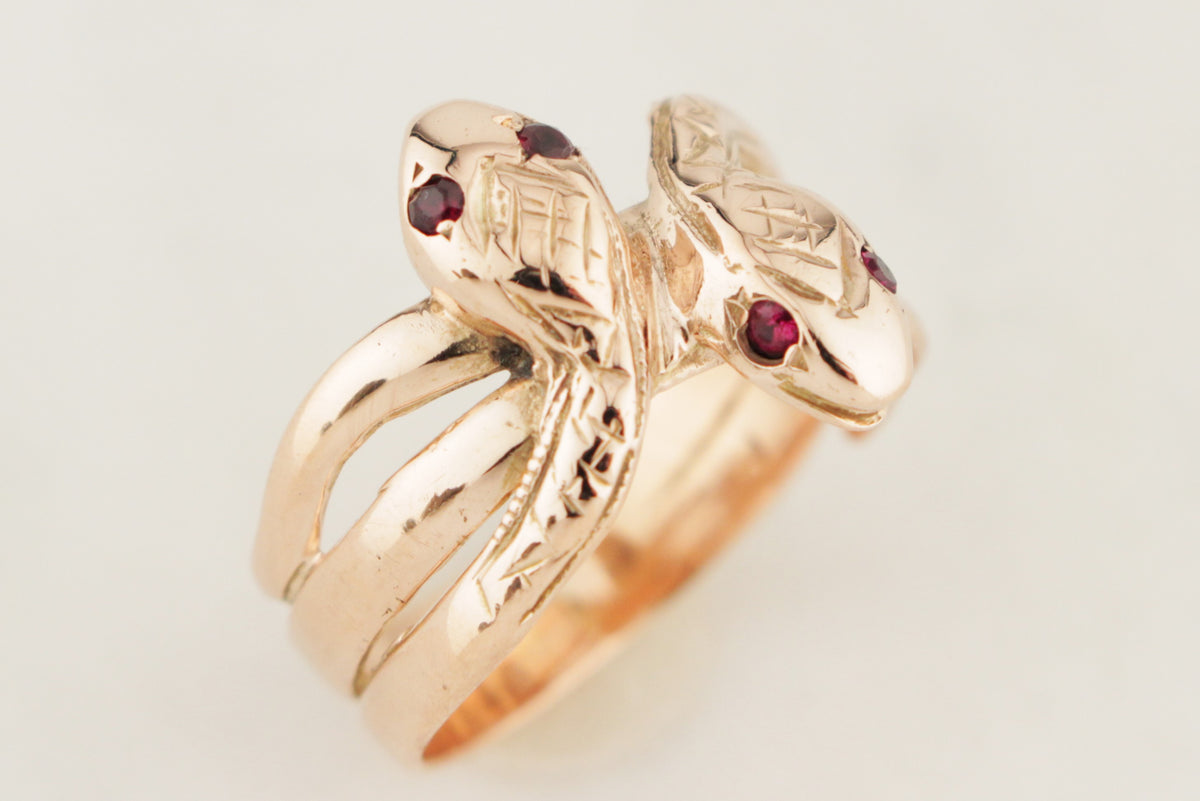ANTIQUE EDWARDIAN c1910 DOUBLE RUBY SNAKE RING 9ct ROSE GOLD