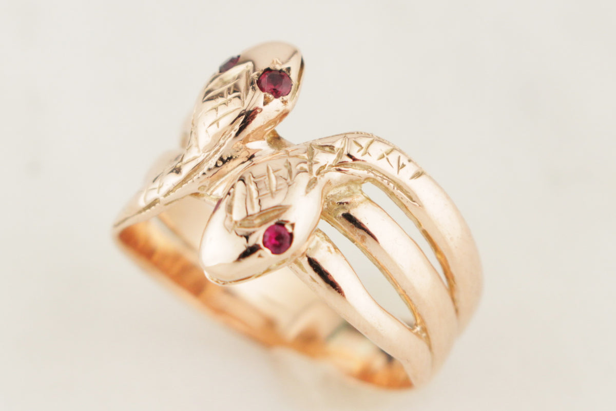 ANTIQUE EDWARDIAN c1910 DOUBLE RUBY SNAKE RING 9ct ROSE GOLD