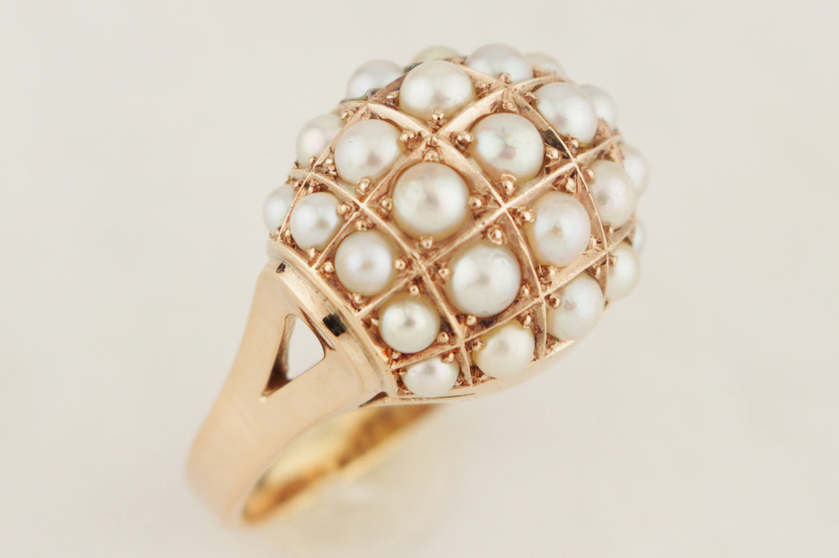 VINTAGE c1940 PEARL BOMBE RING 14ct ROSE GOLD