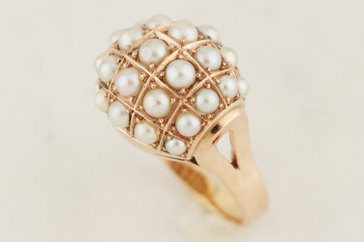 VINTAGE c1940 PEARL BOMBE RING 14ct ROSE GOLD