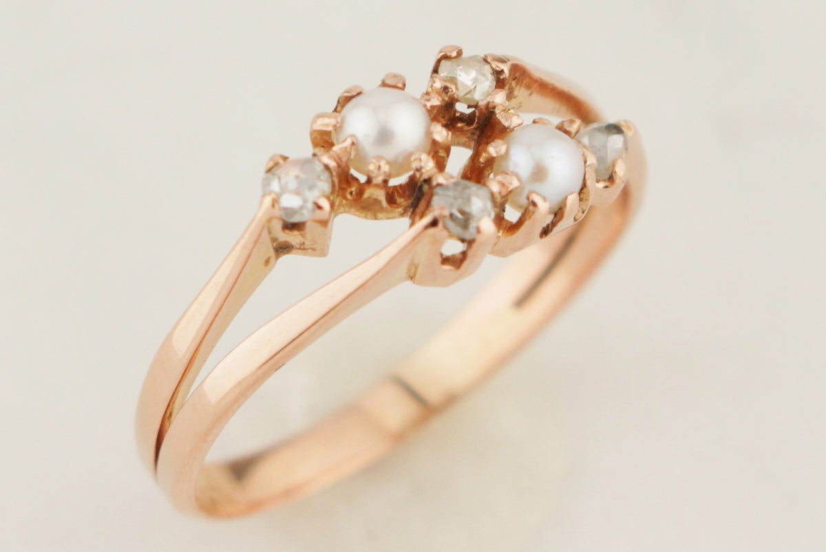 ANTIQUE VICTORIAN c1890 PEARL &amp; ROSE CUT DIAMOND RING 9ct ROSE GOLD