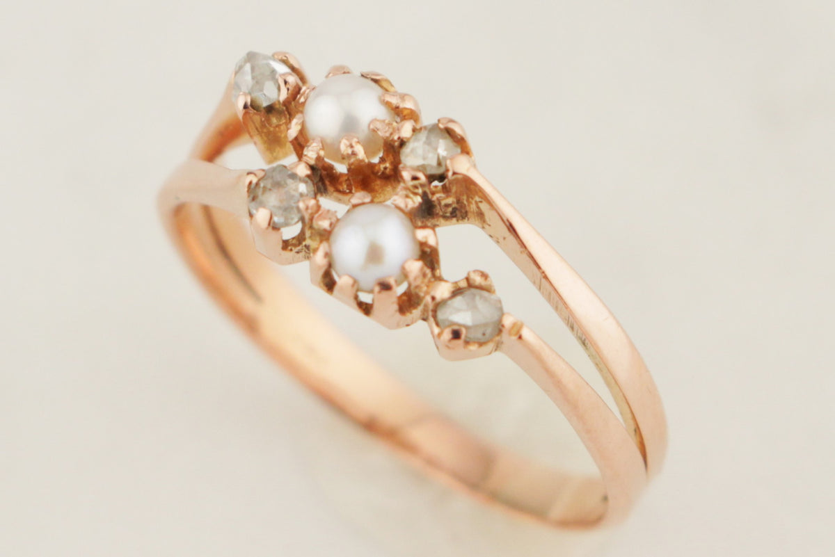 ANTIQUE VICTORIAN c1890 PEARL &amp; ROSE CUT DIAMOND RING 9ct ROSE GOLD