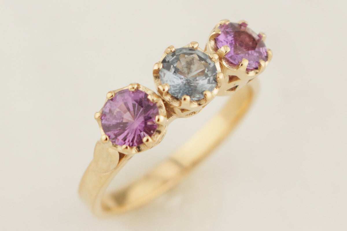 R&amp;V BESPOKE SAPPHIRE TRILOGY RING 9ct YELLOW GOLD