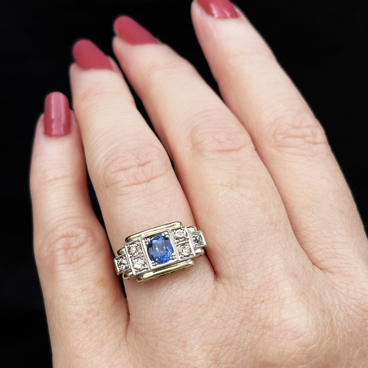 ANTIQUE ART DECO CEYLON SAPPHIRE &amp; DIAMOND RING 14ct GOLD