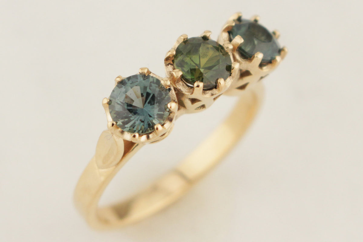 R&amp;V BESPOKE SAPPHIRE TRILOGY RING 9ct YELLOW GOLD