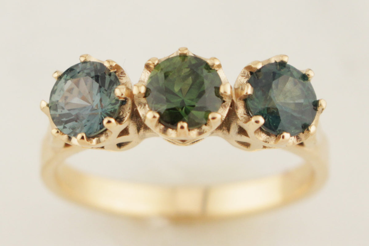 R&amp;V BESPOKE SAPPHIRE TRILOGY RING 9ct YELLOW GOLD