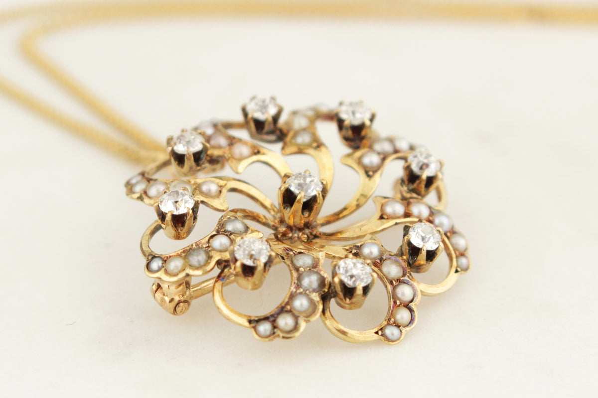 ANTIQUE EDWARDIAN c1900 DIAMOND & SEED PEARL PENDANT/BROOCH 14ct YELLOW GOLD