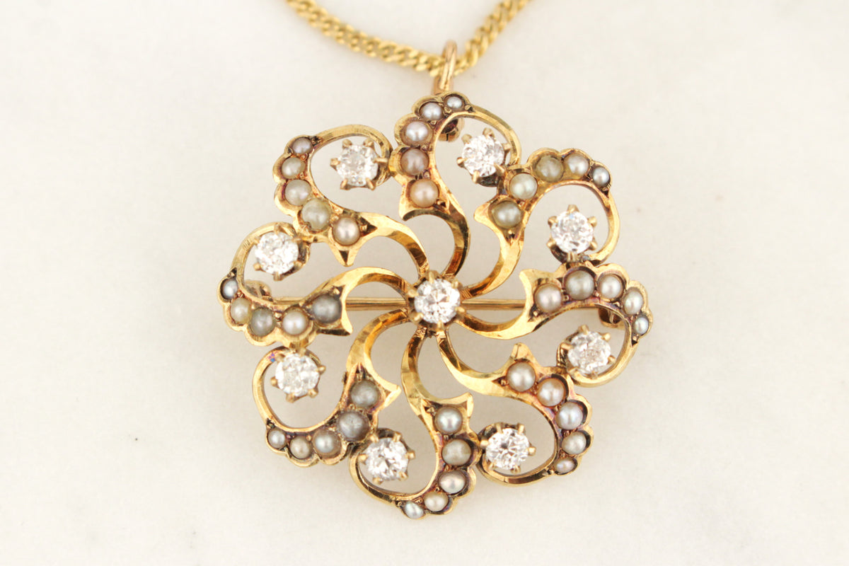 ANTIQUE EDWARDIAN c1900 DIAMOND & SEED PEARL PENDANT/BROOCH 14ct YELLOW GOLD