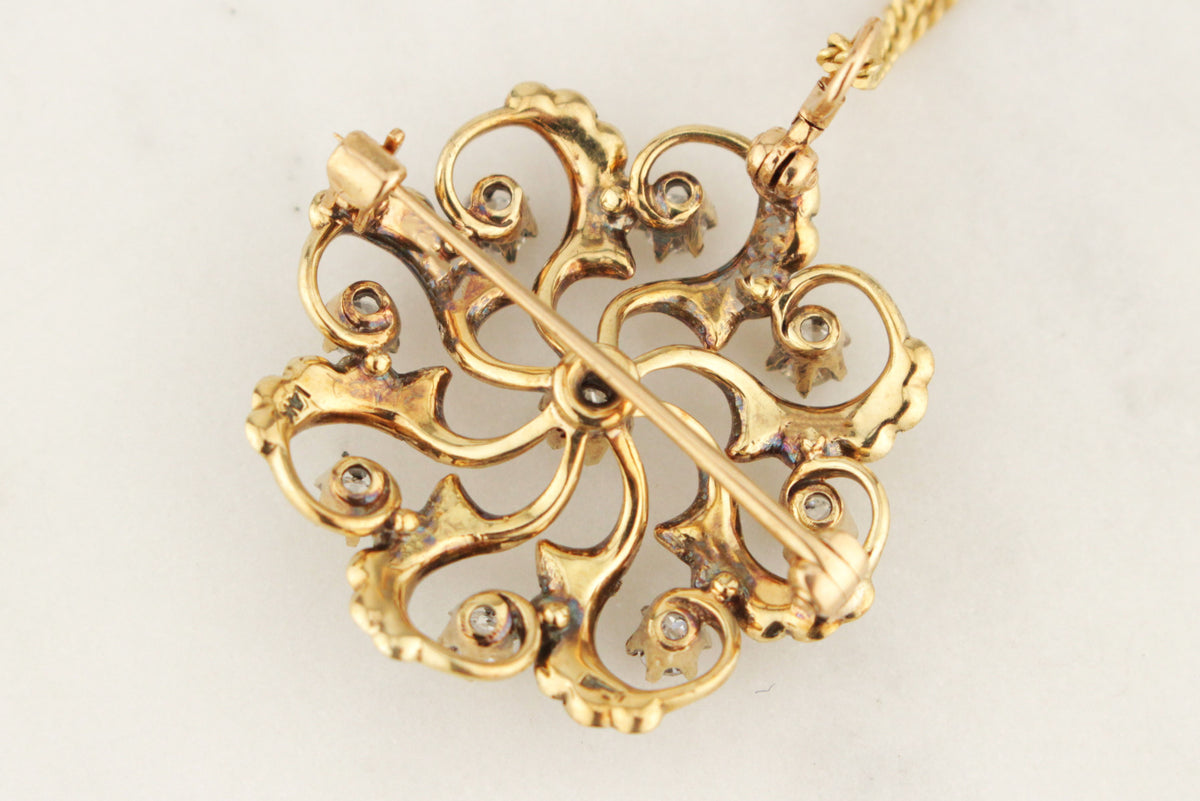 ANTIQUE EDWARDIAN c1900 DIAMOND & SEED PEARL PENDANT/BROOCH 14ct YELLOW GOLD