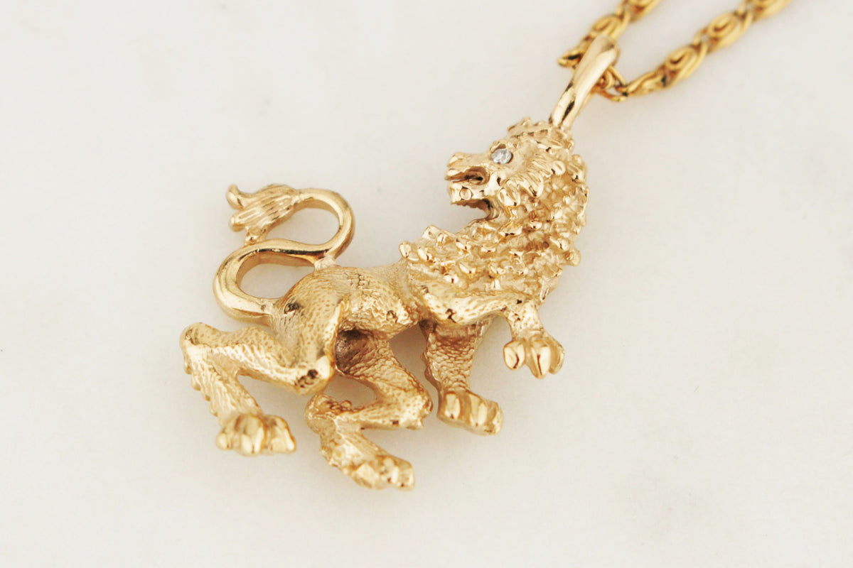 RETRO c1970 DIAMOND LION PENDANT 9ct YELLOW GOLD
