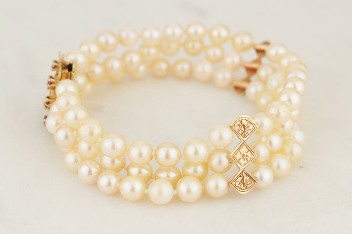 VINTAGE MID CENTYURY c1960 TRIPLE ROW PEARL & RUBY BRACELET 14ct YELLOW GOLD