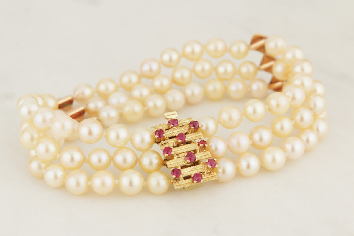 VINTAGE MID CENTYURY c1960 TRIPLE ROW PEARL & RUBY BRACELET 14ct YELLOW GOLD