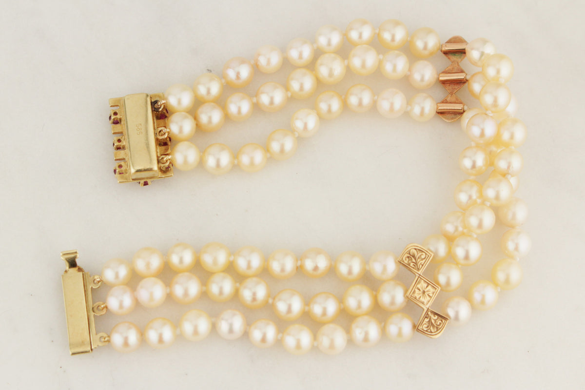VINTAGE MID CENTYURY c1960 TRIPLE ROW PEARL & RUBY BRACELET 14ct YELLOW GOLD