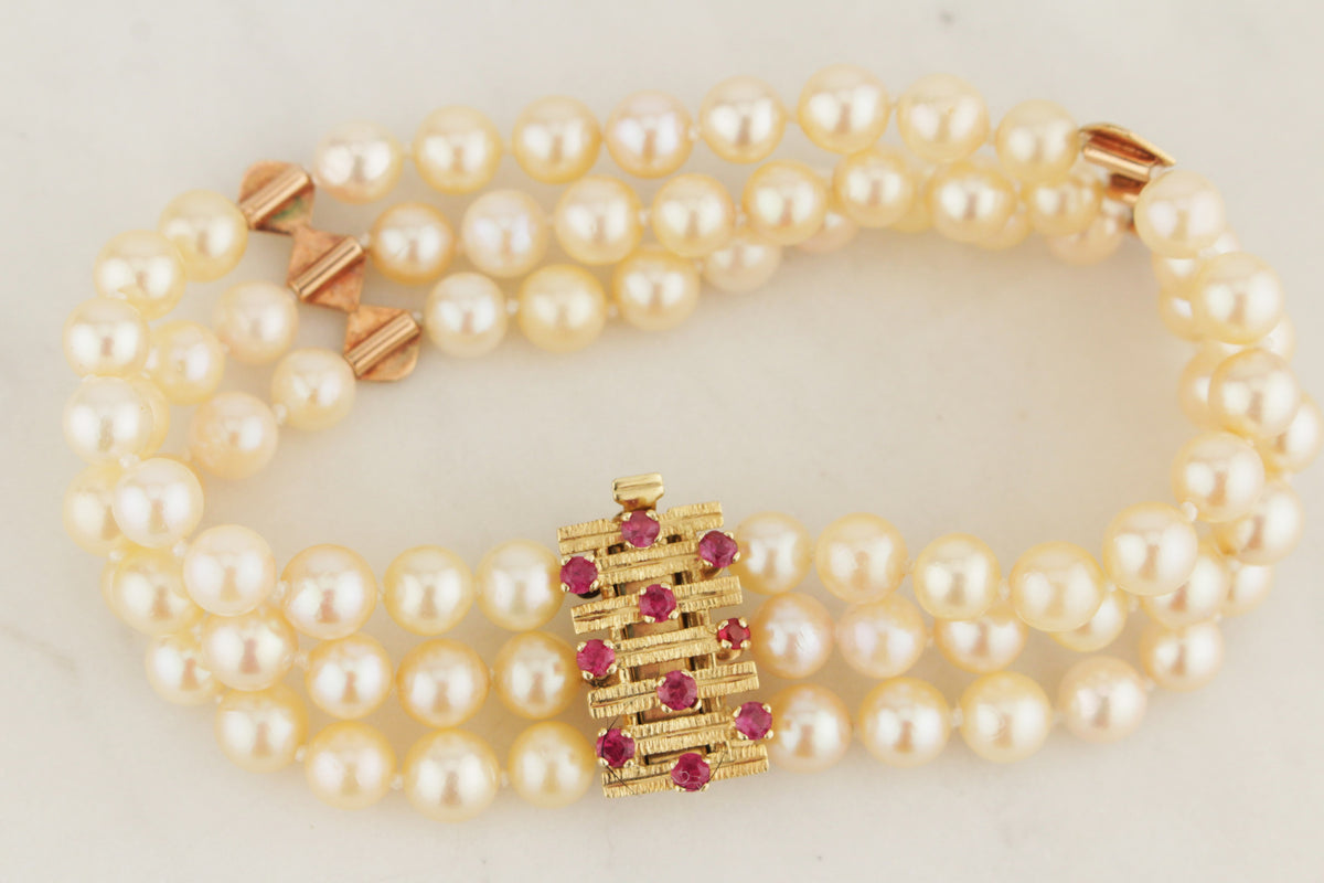 VINTAGE MID CENTYURY c1960 TRIPLE ROW PEARL & RUBY BRACELET 14ct YELLOW GOLD