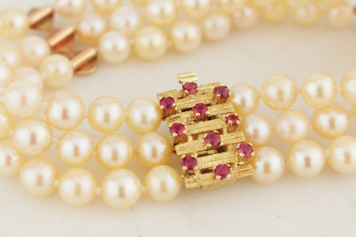 VINTAGE MID CENTYURY c1960 TRIPLE ROW PEARL & RUBY BRACELET 14ct YELLOW GOLD
