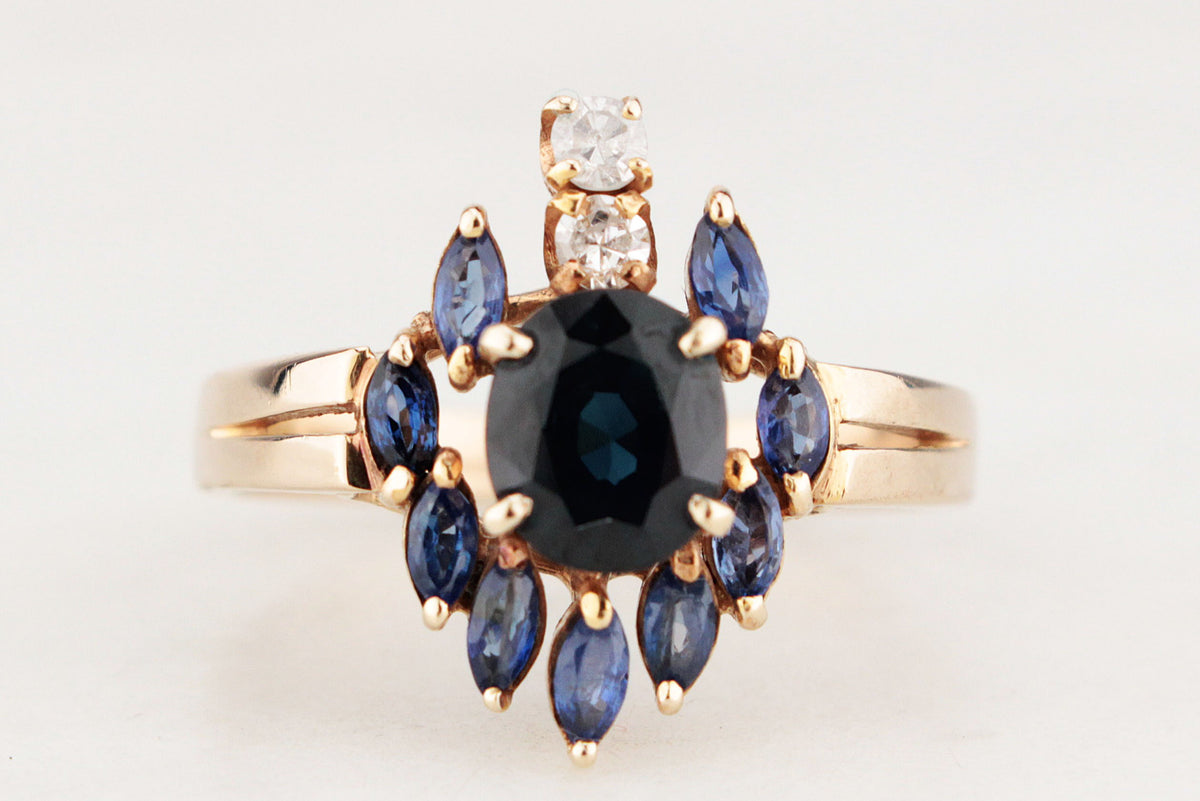 VINTAGE c1940 SAPPHIRE &amp; DIAMOND RING 14ct GOLD