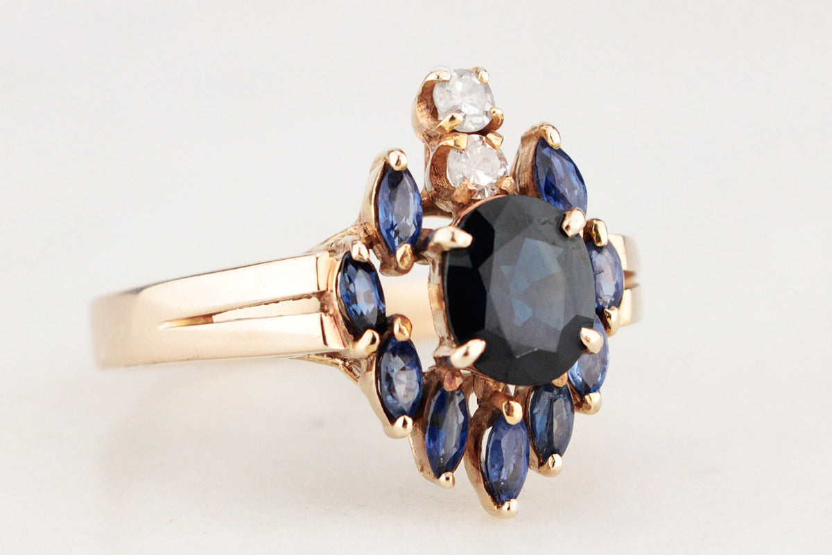 VINTAGE c1940 SAPPHIRE &amp; DIAMOND RING 14ct GOLD
