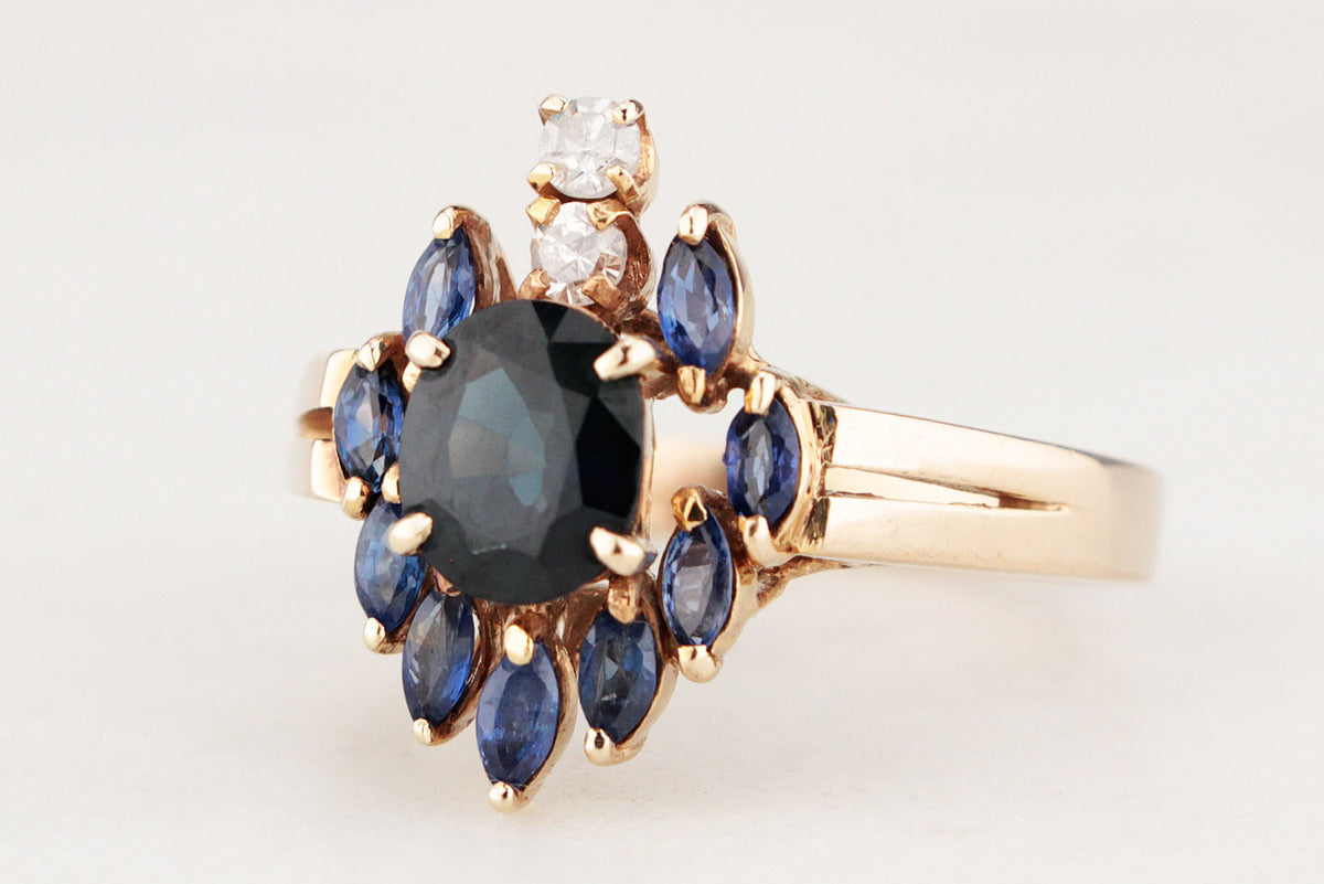 VINTAGE c1940 SAPPHIRE &amp; DIAMOND RING 14ct GOLD