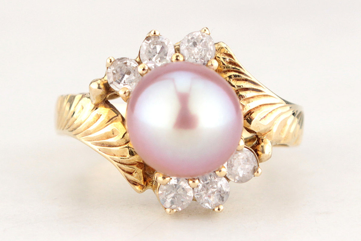 VINTAGE LAVENDER/PINK PEARL & DIAMOND RING 14ct GOLD