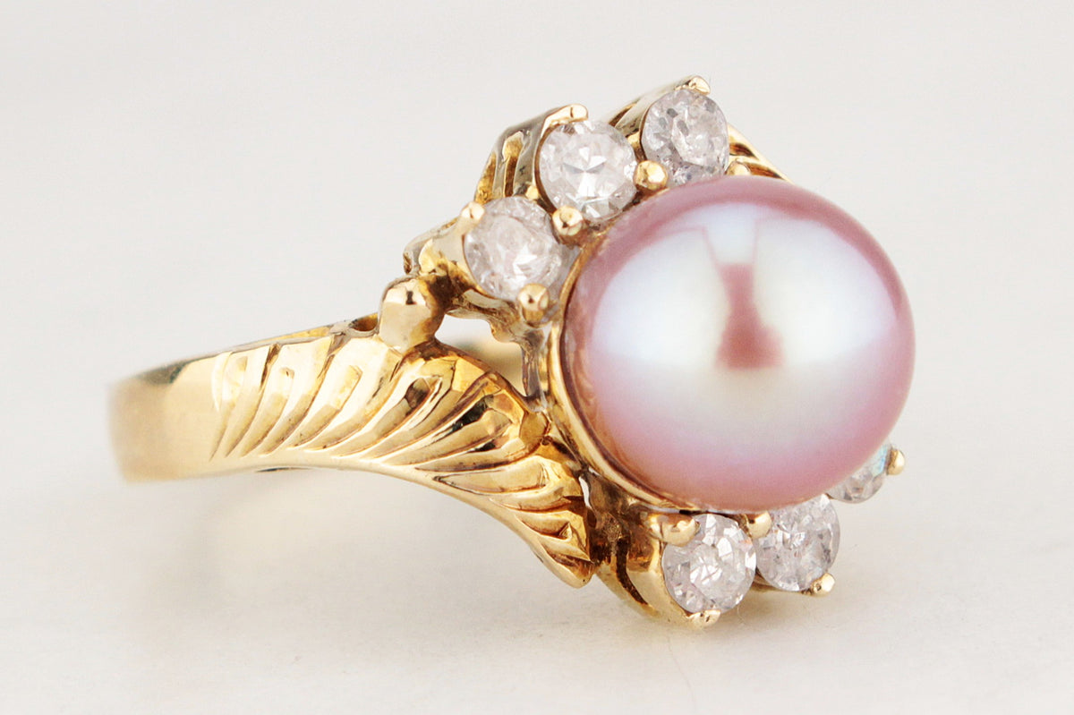 VINTAGE LAVENDER/PINK PEARL & DIAMOND RING 14ct GOLD