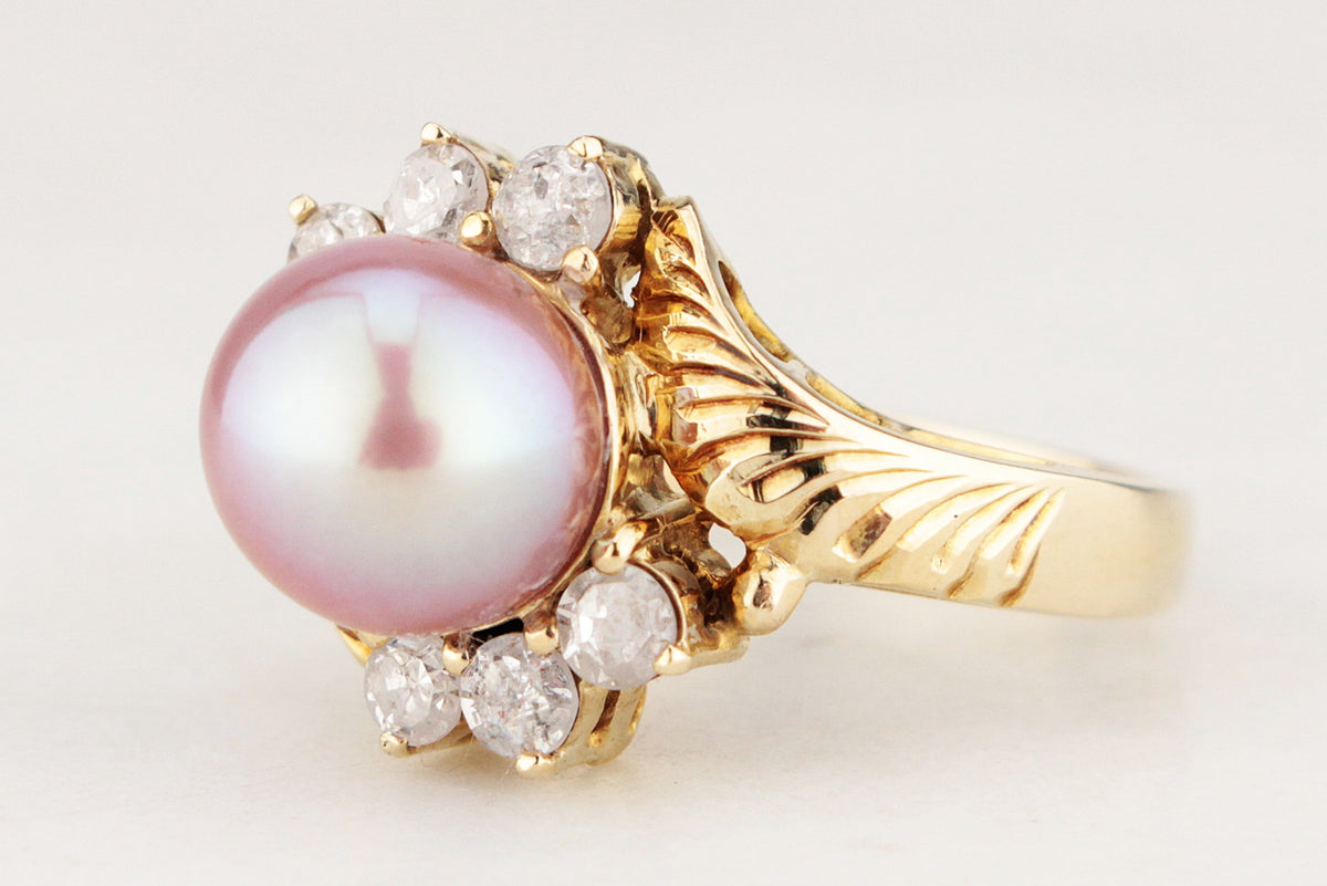 VINTAGE LAVENDER/PINK PEARL & DIAMOND RING 14ct GOLD