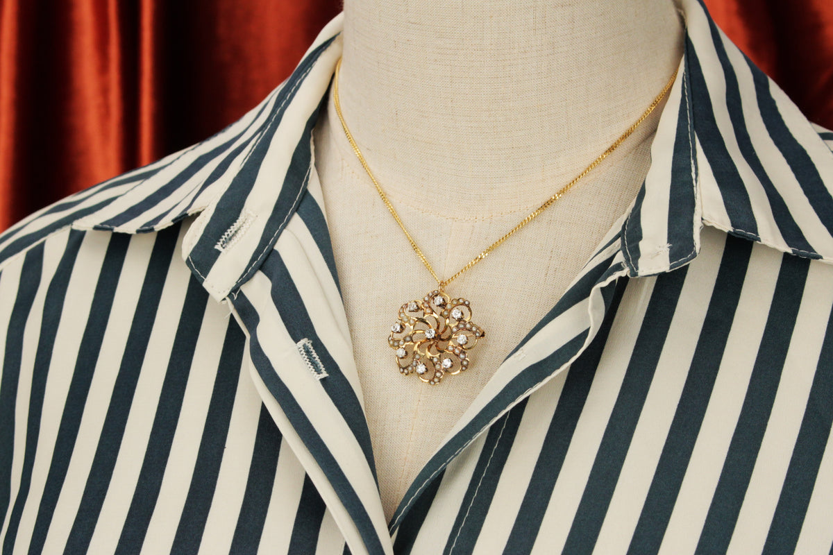 ANTIQUE EDWARDIAN c1900 DIAMOND & SEED PEARL PENDANT/BROOCH 14ct YELLOW GOLD