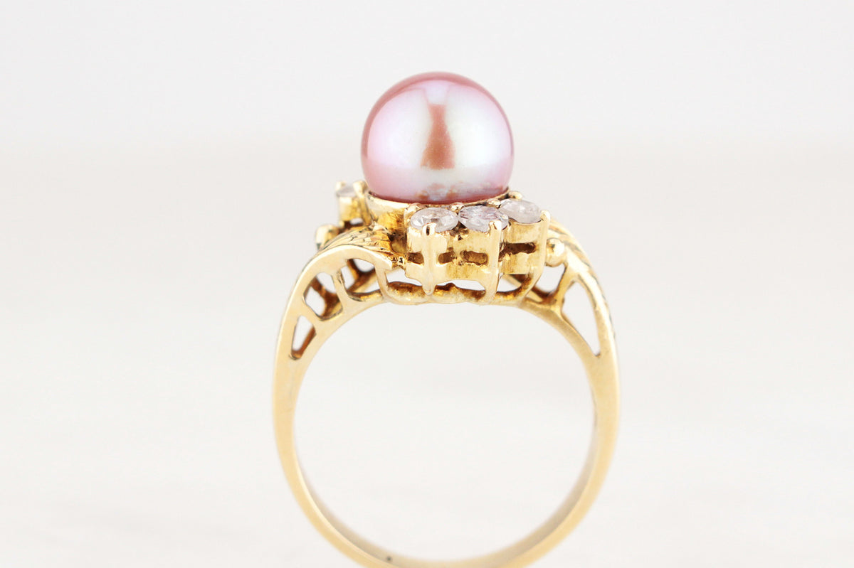 VINTAGE LAVENDER/PINK PEARL & DIAMOND RING 14ct GOLD