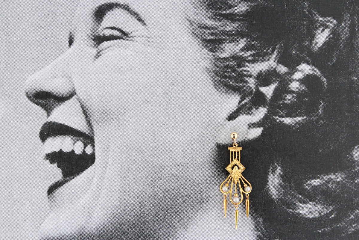 ANTIQUE ETRUSCAN REVIVAL PEARL EARRINGS 18ct GOLD