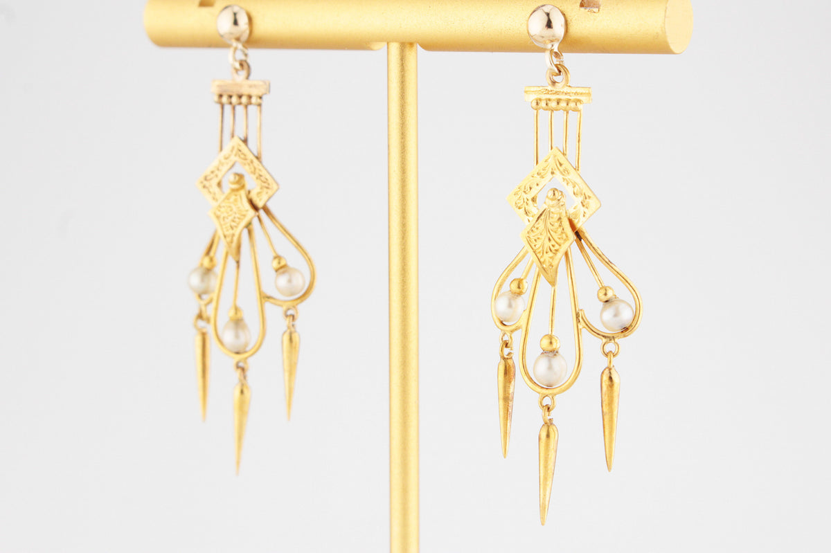 ANTIQUE ETRUSCAN REVIVAL PEARL EARRINGS 18ct GOLD