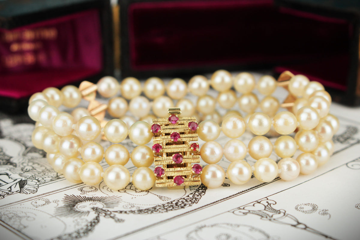 VINTAGE MID CENTYURY c1960 TRIPLE ROW PEARL & RUBY BRACELET 14ct YELLOW GOLD