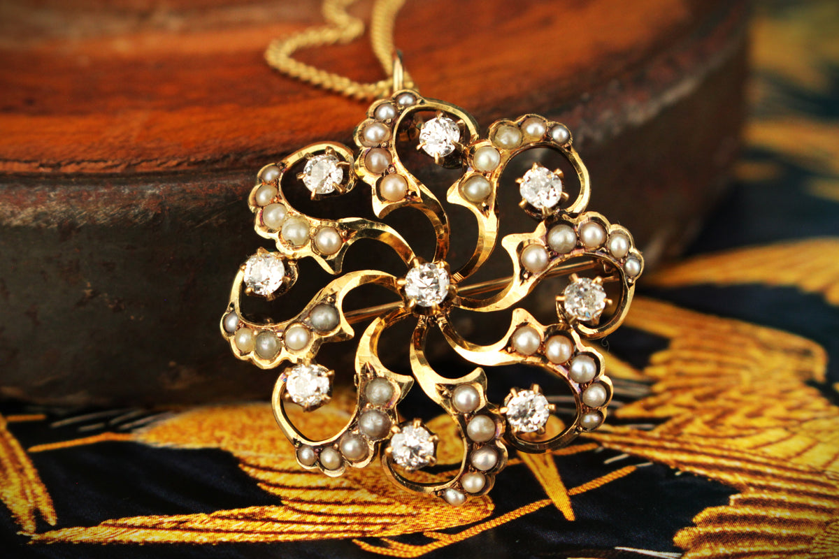 ANTIQUE EDWARDIAN c1900 DIAMOND & SEED PEARL PENDANT/BROOCH 14ct YELLOW GOLD