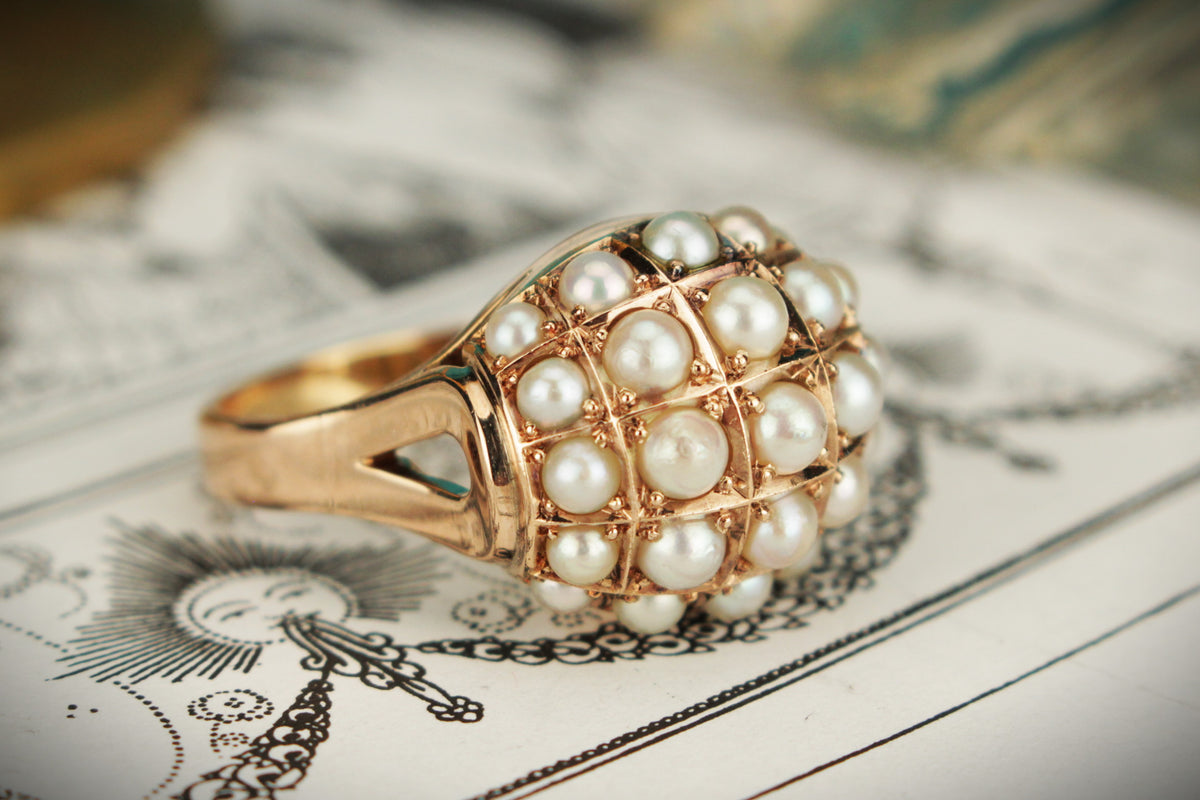 VINTAGE c1940 PEARL BOMBE RING 14ct ROSE GOLD