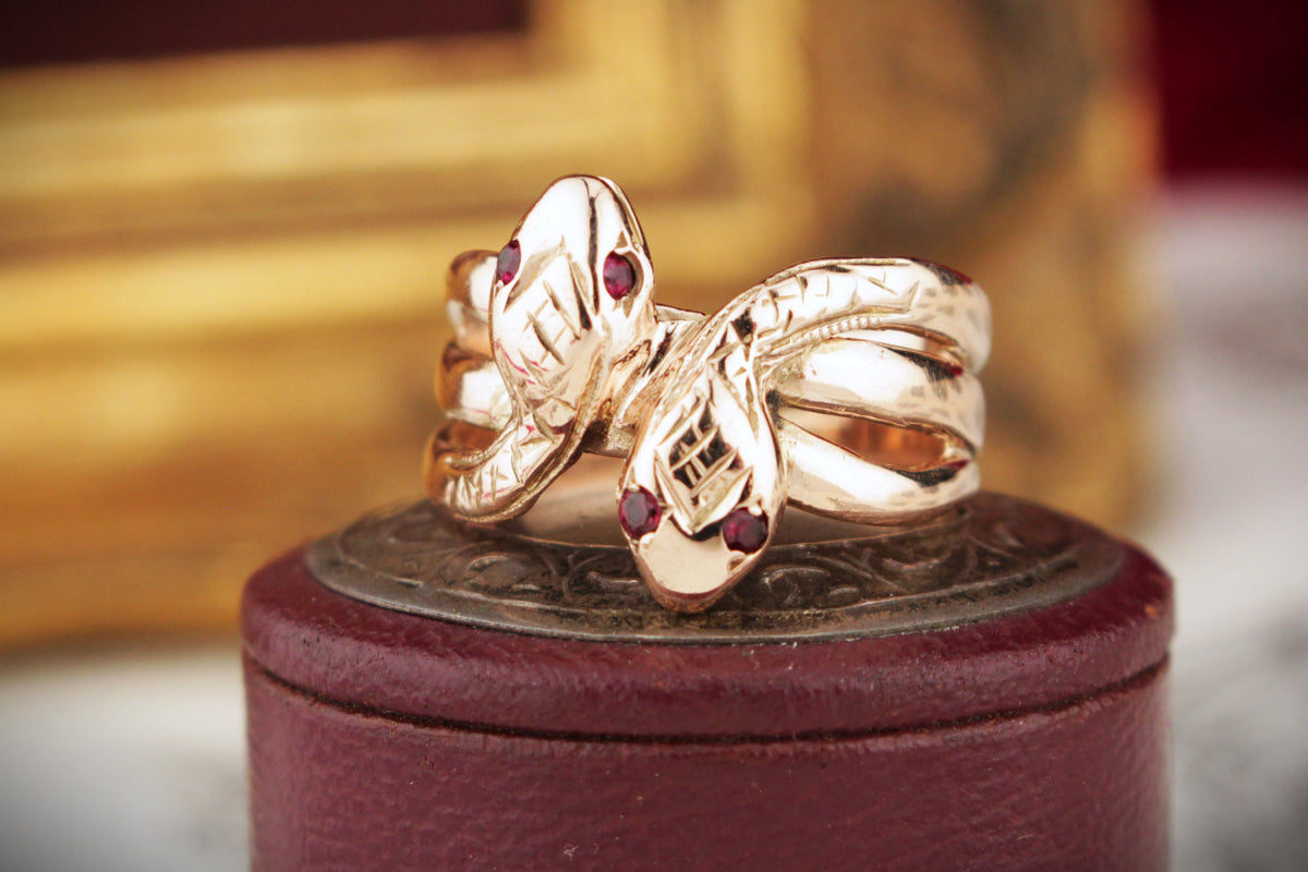 ANTIQUE EDWARDIAN c1910 DOUBLE RUBY SNAKE RING 9ct ROSE GOLD