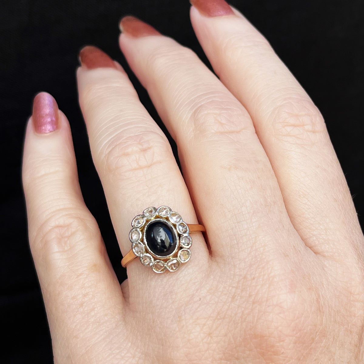 ANTIQUE EDWARDIAN CABOCHON SAPPHIRE &amp; DIAMOND HALO RING 18ct GOLD