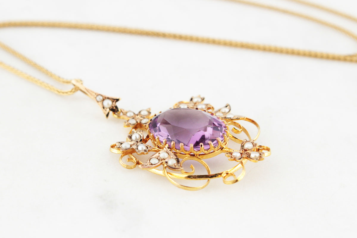 ANTIQUE EDWARDIAN AMETHYST & SEED PEARL PENDANT 9ct GOLD