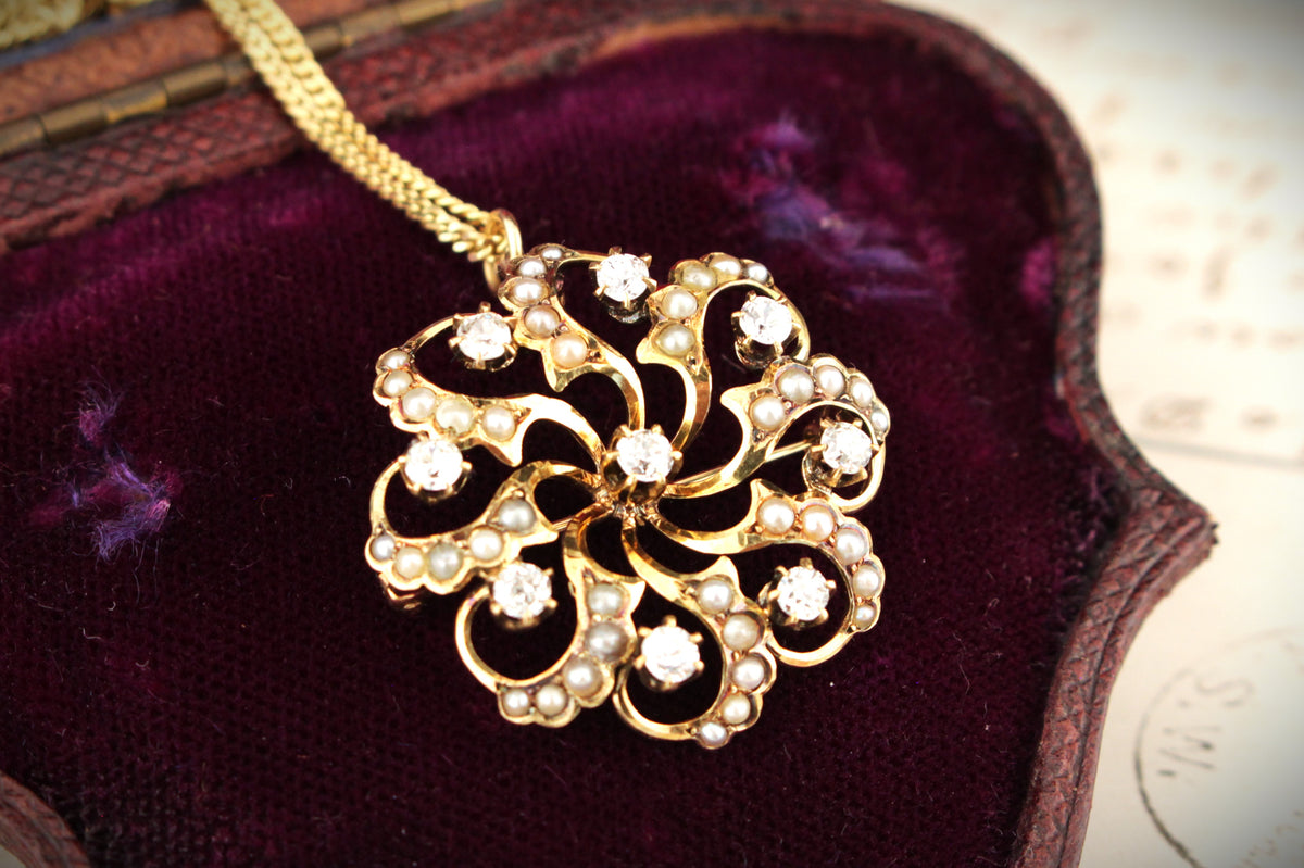 ANTIQUE EDWARDIAN c1900 DIAMOND & SEED PEARL PENDANT/BROOCH 14ct YELLOW GOLD