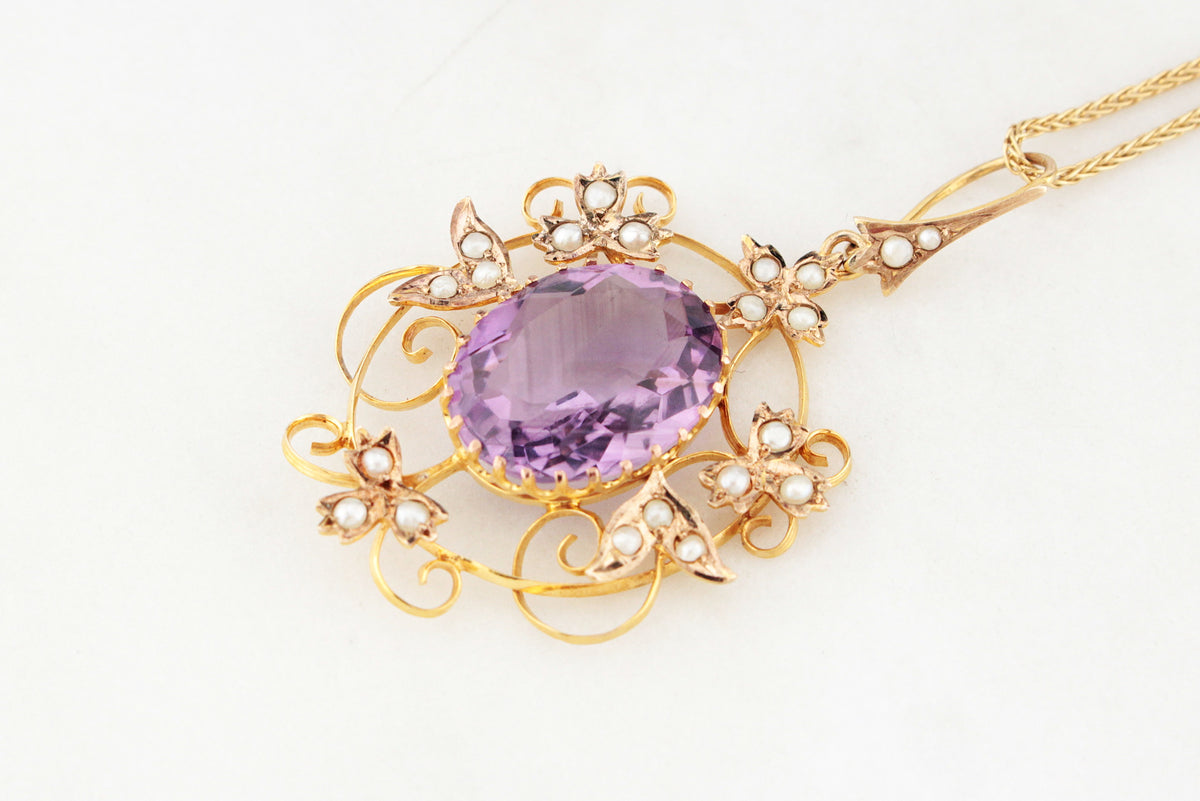 ANTIQUE EDWARDIAN AMETHYST & SEED PEARL PENDANT 9ct GOLD