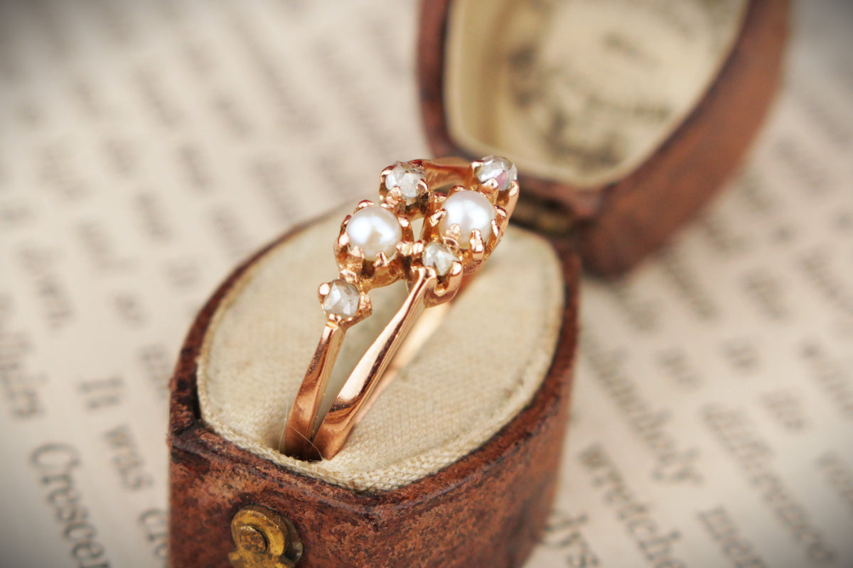 ANTIQUE VICTORIAN c1890 PEARL &amp; ROSE CUT DIAMOND RING 9ct ROSE GOLD