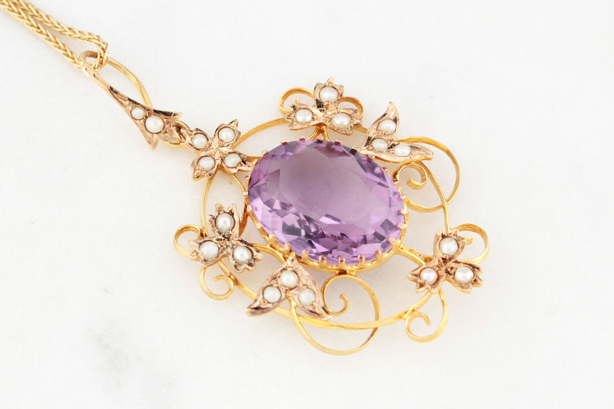 ANTIQUE EDWARDIAN AMETHYST & SEED PEARL PENDANT 9ct GOLD