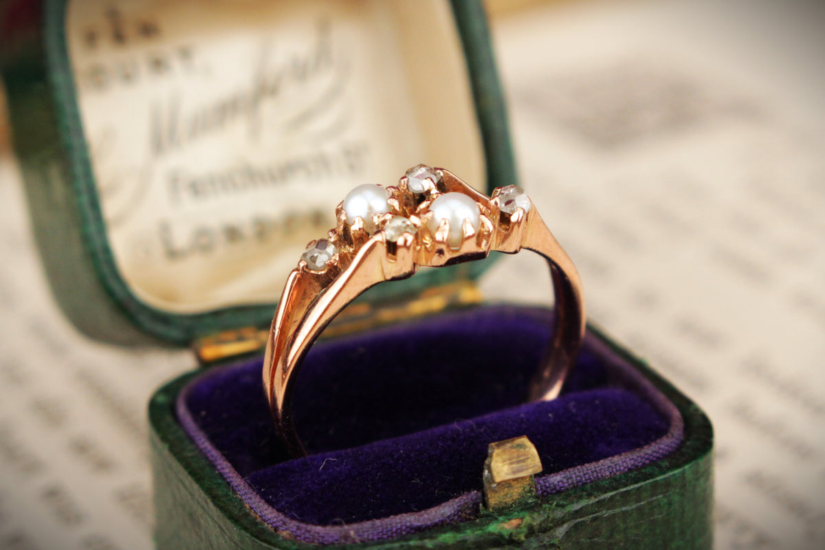 ANTIQUE VICTORIAN c1890 PEARL &amp; ROSE CUT DIAMOND RING 9ct ROSE GOLD