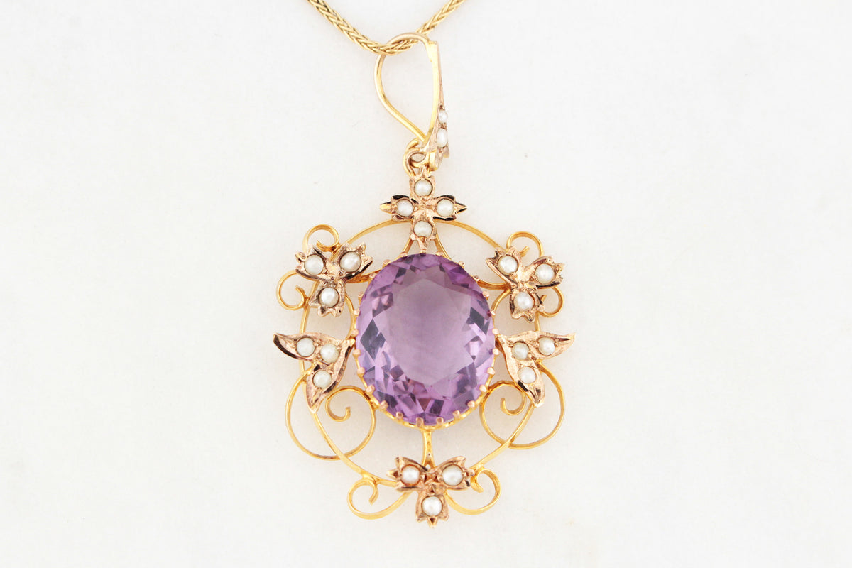 ANTIQUE EDWARDIAN AMETHYST & SEED PEARL PENDANT 9ct GOLD