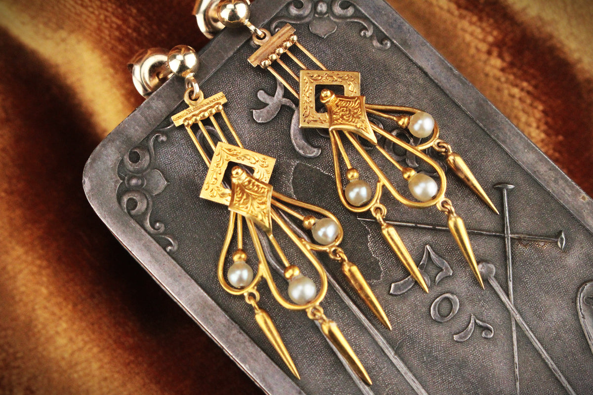 ANTIQUE ETRUSCAN REVIVAL PEARL EARRINGS 18ct GOLD