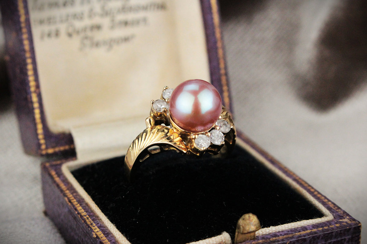 VINTAGE LAVENDER/PINK PEARL & DIAMOND RING 14ct GOLD