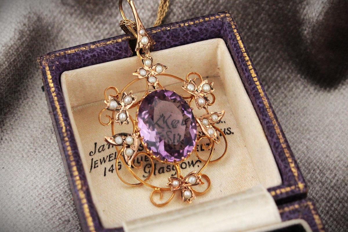 ANTIQUE EDWARDIAN AMETHYST & SEED PEARL PENDANT 9ct GOLD