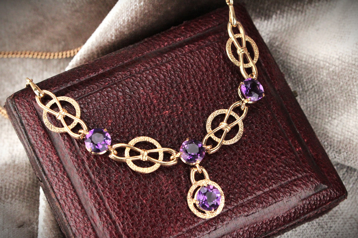 VINTAGE 1963 AMETHYST NECKLACE 9ct GOLD