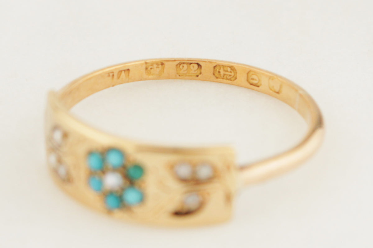 ANTIQUE VICTORIAN 1863 TURQUOISE &amp; SEED PEARL RING 22ct GOLD