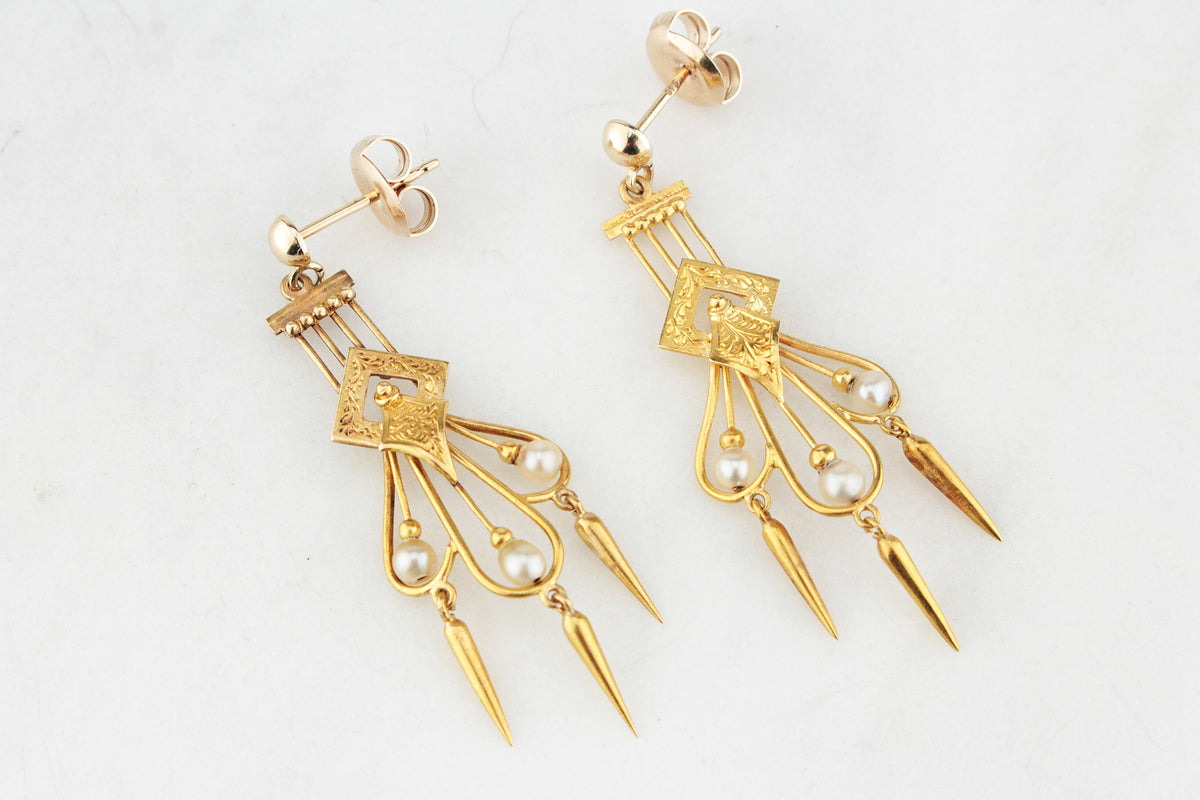 ANTIQUE ETRUSCAN REVIVAL PEARL EARRINGS 18ct GOLD