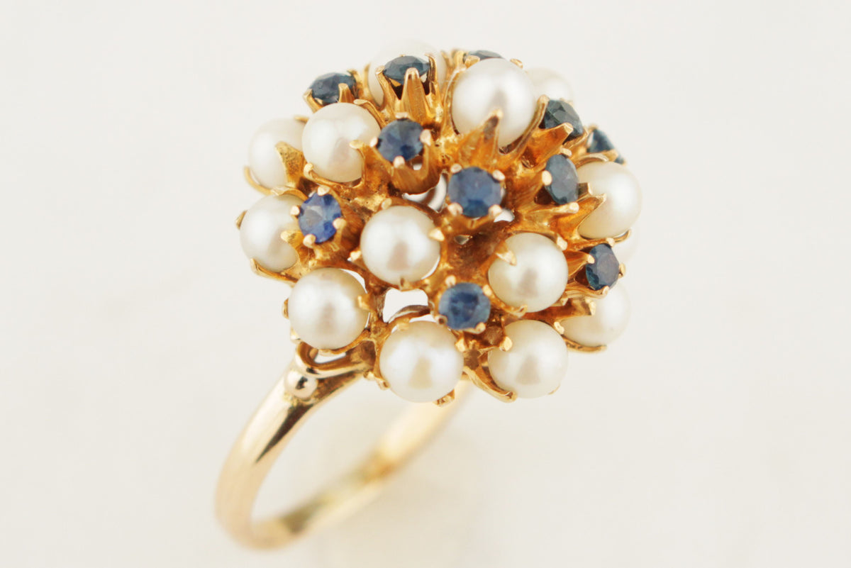 VINTAGE c1940 SAPPHIRE &amp; PEARL PRINCESS RING 9ct GOLD