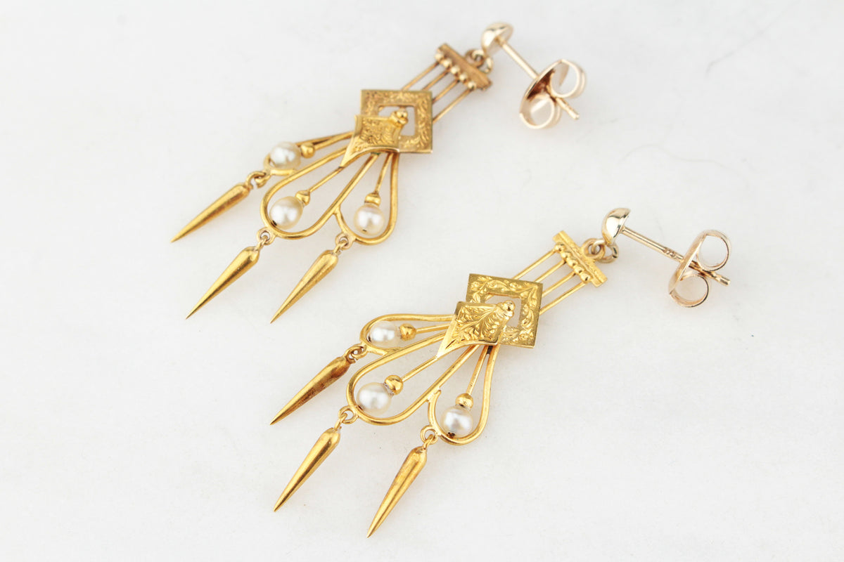 ANTIQUE ETRUSCAN REVIVAL PEARL EARRINGS 18ct GOLD